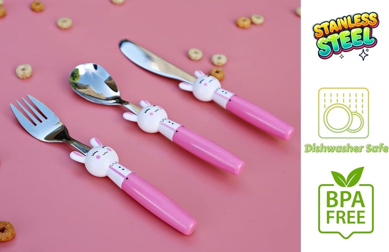 Exzact Children Flatware Pink Rabbit 6pcs Stainless Steel, Kids Silverware Toddler Utensils - BPA Free, Dishwasher Safe, 24M+ - Image 4